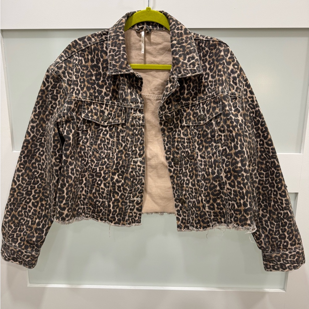 Free People Leopard Print Cropped Denim Jacket - Brown & Black